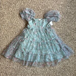 Zenzi Sage Floral Pattern Tiered Ruched Puff Sleeve Dress Girls Size XS 4/5